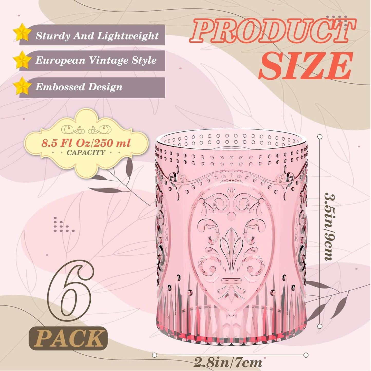 6 Plastic Vintage Drinking Glasses 8.5oz Stemless Retro Embossed Wine Glasses Shatterproof Reusable Cups for Baby Shower Wedding Reception Grand Event Party (Pink)