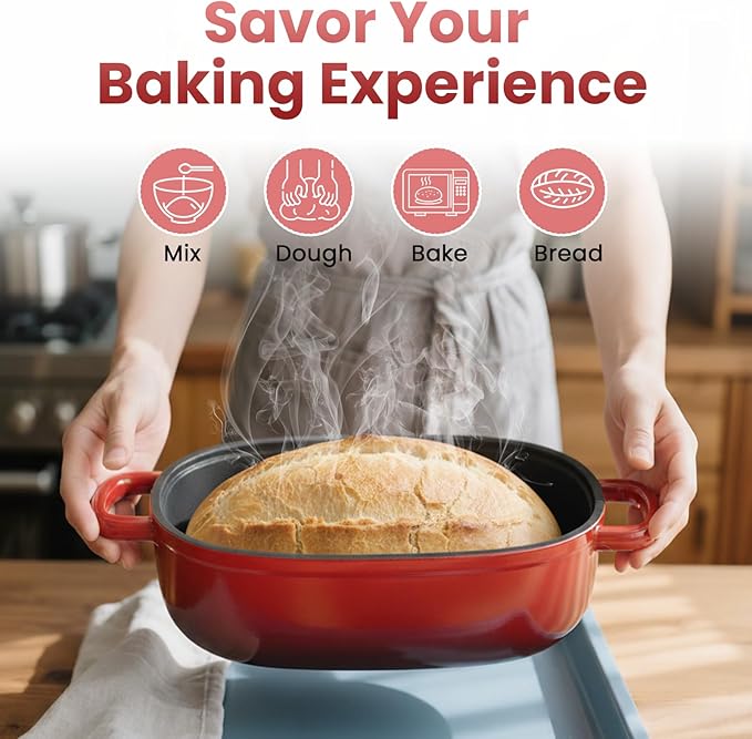 Cast Iron Dutch Bread Oven - 2.5QT Dutch Oven for Sourdough Bread Baking, Cast Iron Bread Loaf Pan with Lid, Easy Homemade Sourdough Dutch Oven, Blue Oval Bread Baking Pan, Gift for Family & Baker，Red