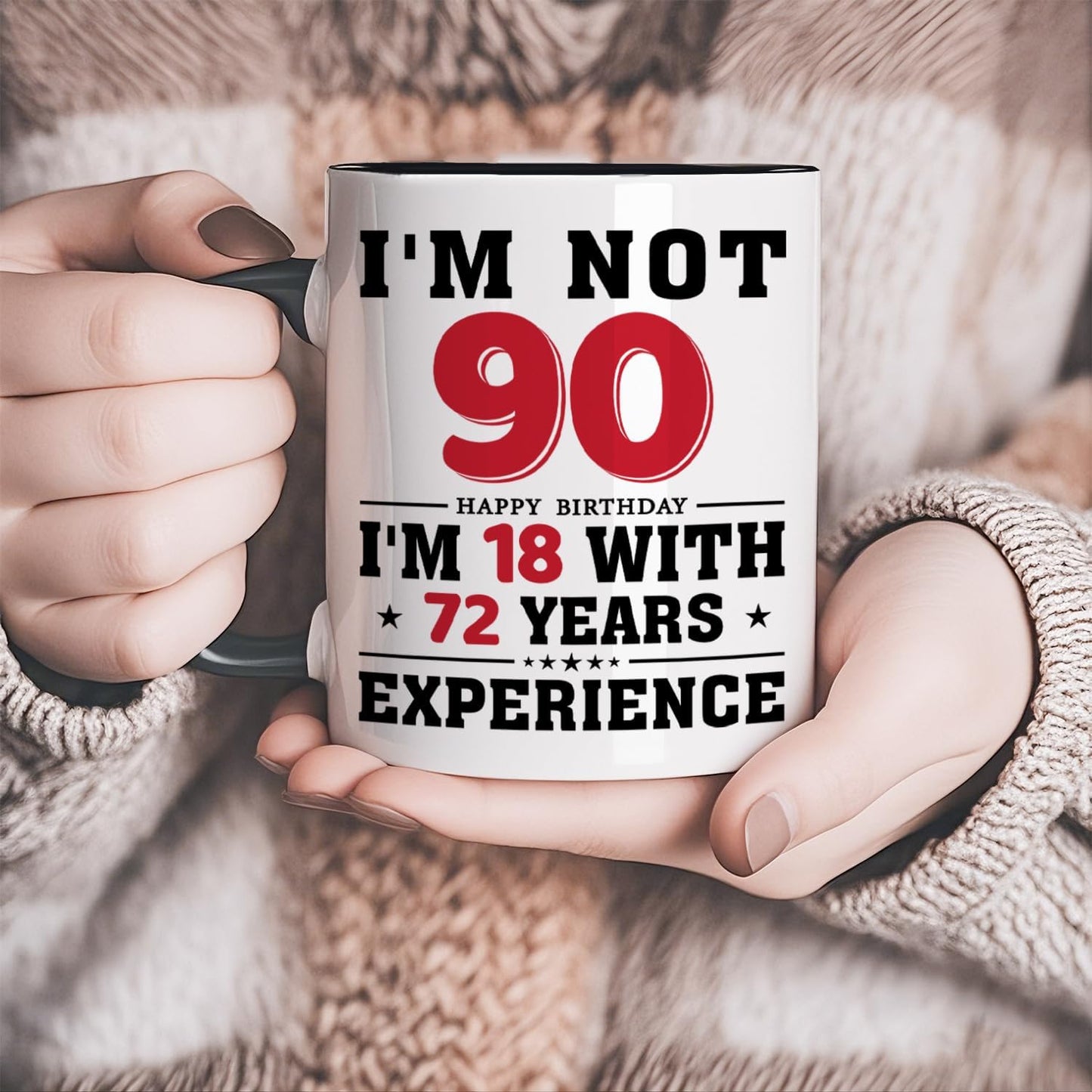 90th Birthday Coffee Mug, 90 year old Birthday Gift Ideas for Men Women Her Him, Red Black 11oz