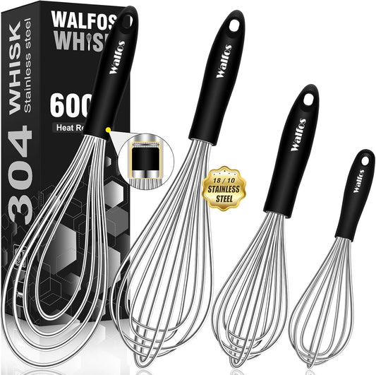 Walfos Whisk,Whisks for cooking set, 304 Stainless steel Whisks,Heat Resistant 600°F.Perfect for Blending Beating Stirring - 11inFlat Whisk and 7+9+11in Balloon Whisk