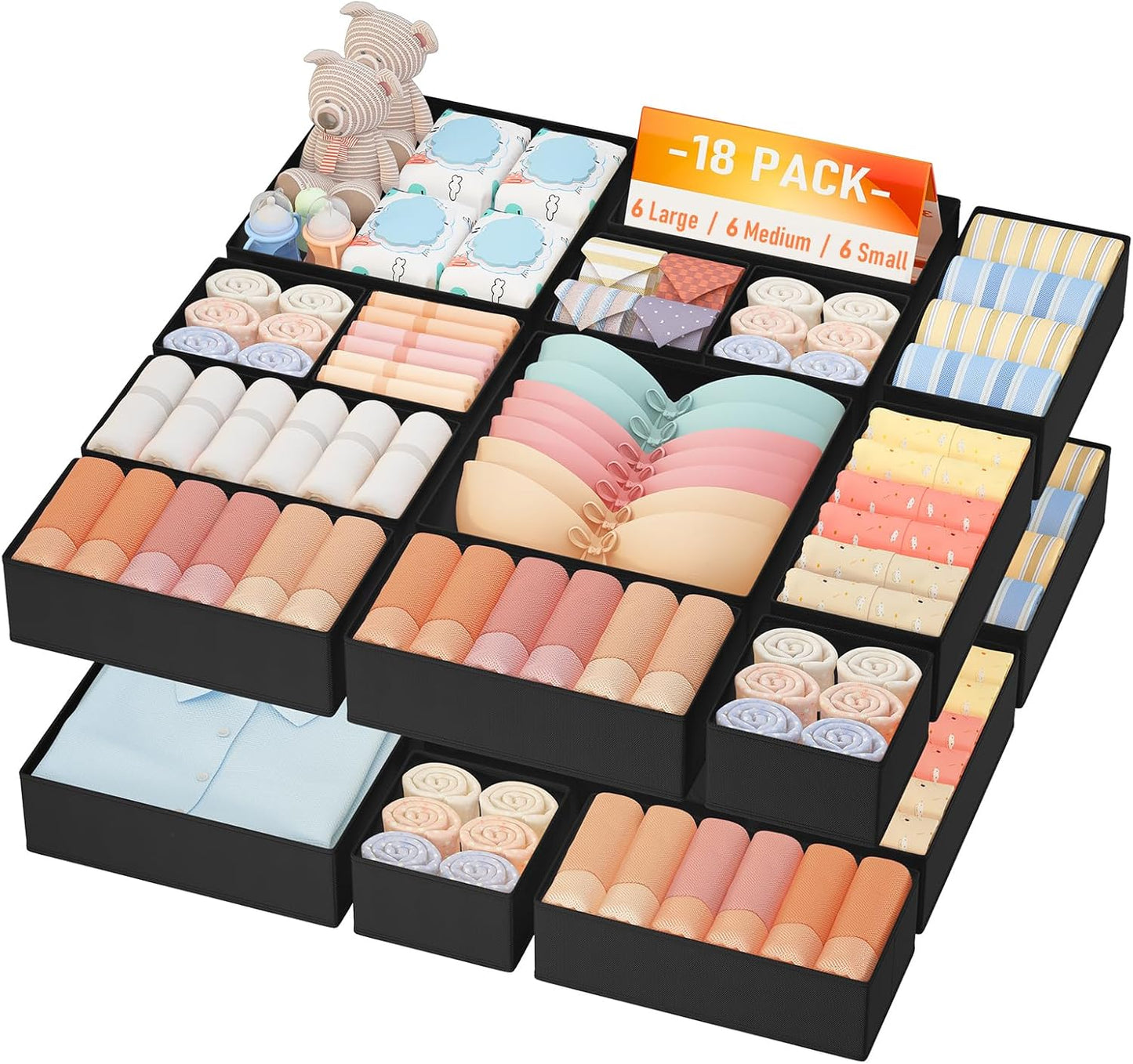 DIMJ Drawer Organizer Clothes Storage - 18 Pack Baby Dresser Organizer for Nursery, Foldable Closet Drawer Organizer Bins for Bedroom Organization, Fabric Storage Dividers for Socks, Underwears, Bras