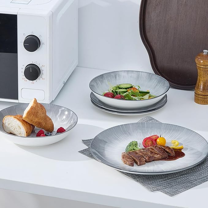 Bestone Porcelain Dinnerware Sets Service for 4, 12 pcs Hand drawn Plates and Bowls Sets, Handmade Ceramic Dish Set, Chip Resistant Modern Plate Set, Dishwasher/Microwave Safe，Gray