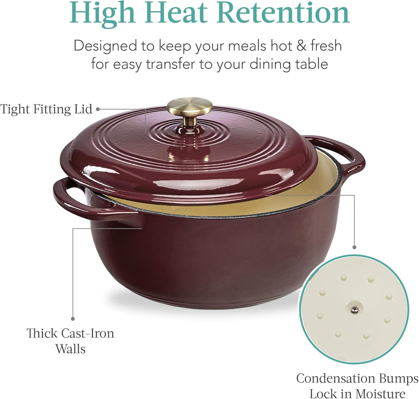 Best Choice Products 6 Quart Enamel Cast-Iron Round Dutch Oven, Family Style Heavy-Duty Pre-Seasoned Cookware for Home, Kitchen, Dining Room, Oven Safe w/Lid, Dual Handles - Cabernet Red