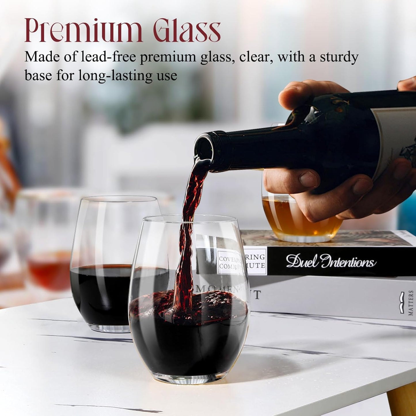 CHENGO Stemless Wine Glasses Set of 4 for Daily Use, 18oz Premium Stemless Red or White Wine Crystal Glass, No Stem Wine Glasses, Gifts for Wedding, Anniversary, Hosting, Birthday