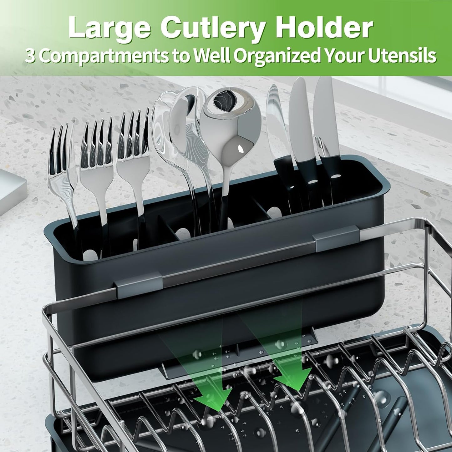 Dish Drying Rack, Large Capacity Dish Drainers for Kitchen Counter with Removeable Cutlery Holder, Rustproof & Sturdy Auto-Drain Multifunctional Organizer for Plates,Cups,knife fork Storage Essentials