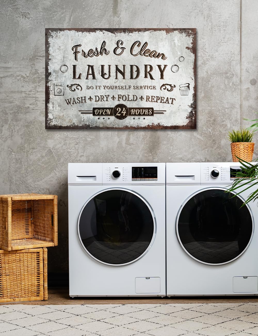 IPIC - Rustic Laundry Sign Wash Dry Fold Repeat, Large Canvas Wall Art for Family Laundry Room, Rustic Farmhouse Style Wall Decor for Home, Made in USA