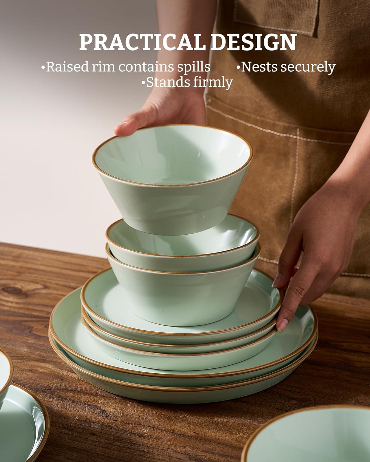 Famiware Saturn Dinnerware Sets, Plates and Bowls Sets for 4, 12 Pieces Stoneware Dish Set - Chip and Scratch Resistant, Microwave and Dishwasher Safe Tableware Set, Light Green with Rim