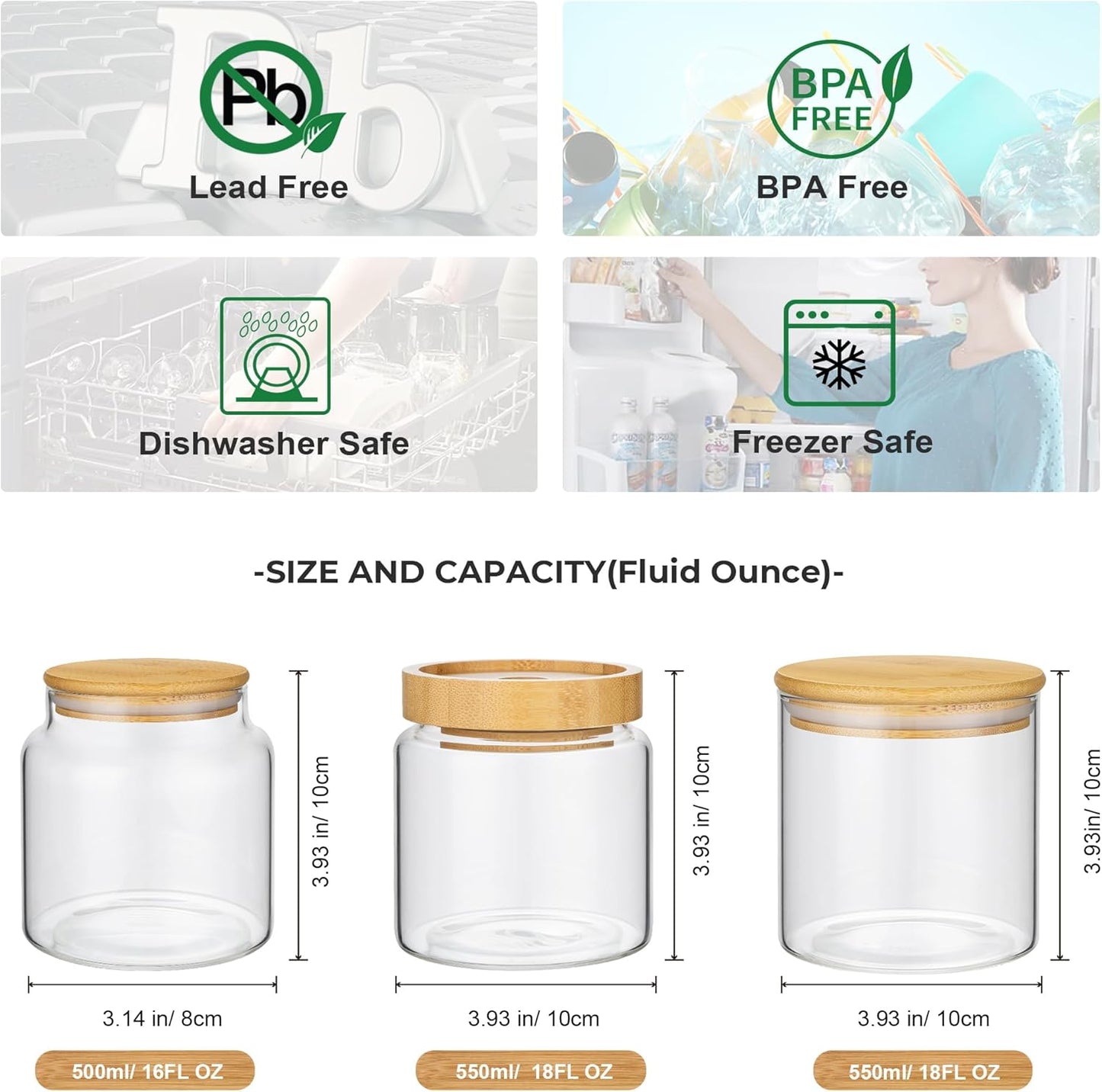 1PC Small Glass Storage Jars with Airtight Lids, 18 fl oz (550ml) Cute Clear Glass Storage container with bamboo Lid, Glass Pantry Canister for Beans, Rice, Sugar, Cookie Coffee and etc