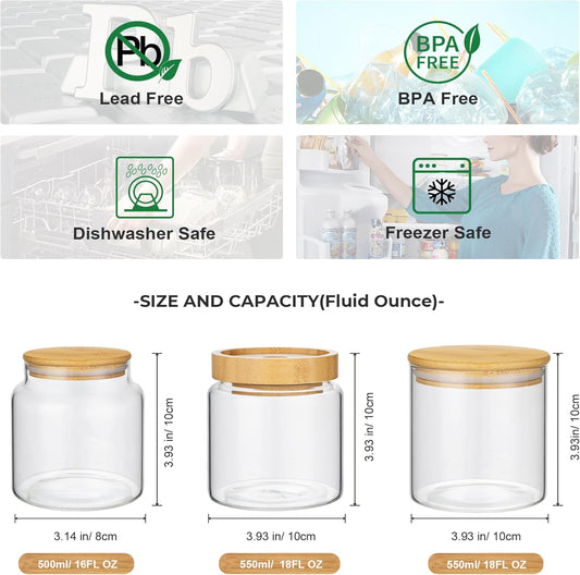 1PC Small Glass Storage Jars with Airtight Lids, 18 fl oz (550ml) Cute Clear Glass Storage container with bamboo Lid, Glass Pantry Canister for Beans, Rice, Sugar, Cookie Coffee and etc