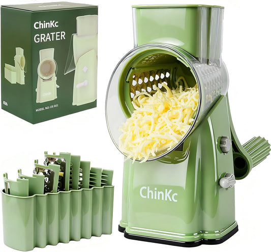 Rotary Cheese Grater Shredder - Upgraded 5 in 1 Cheese Grater with Handle and Strong Suction Base, Multi-purpose Julienne Slicer Ice Shaver Nuts Grinder for Ice, Vegetables, Fruit, Nuts