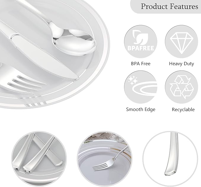 350 PCS Silver Plastic Dinnerware for 50 Guests,Silver and White Disposable Plates for Party Wedding with Napkins, 50 Dinner Plates, 50 Dessert Plates, 50 Silverware Set, 50 Cups