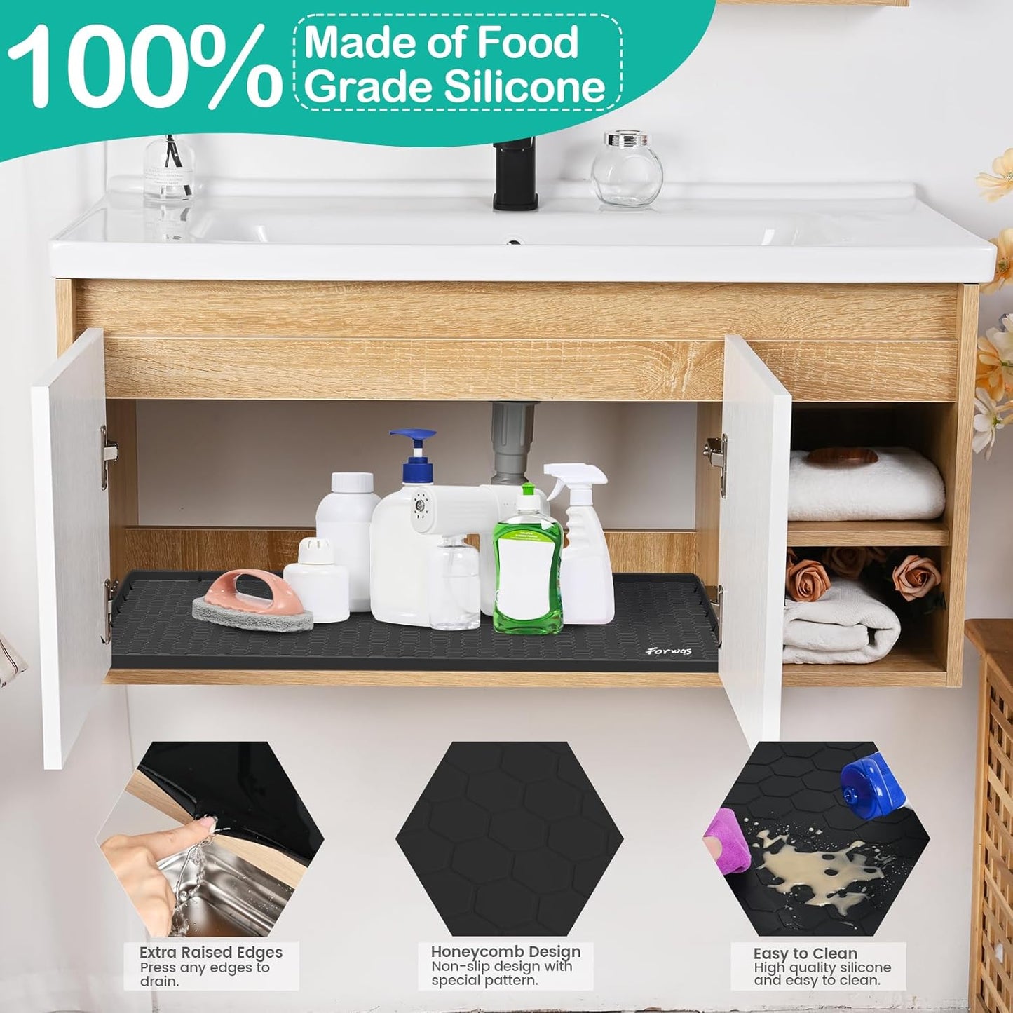 Waterproof Under Sink Mat 34" x 22", Silicone Cabinet Liner, Rubber Protector for Kitchen and Bathroom, Keeps Cabinets Clean, Dry, and Organized (Black)