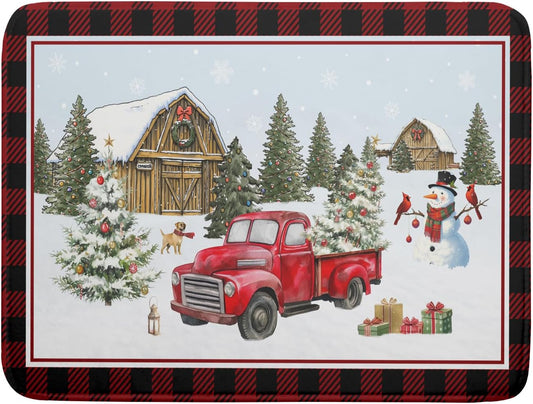 Giwawa Christmas Truck Dish Drying Mat 18x24 inch Large Winter Snowman Xmas Trees Snow Farm Dish Drainer Mats Red Black Buffalo Plaids Absorbent Dish Drying Pad for Kitchen Countertop Decor