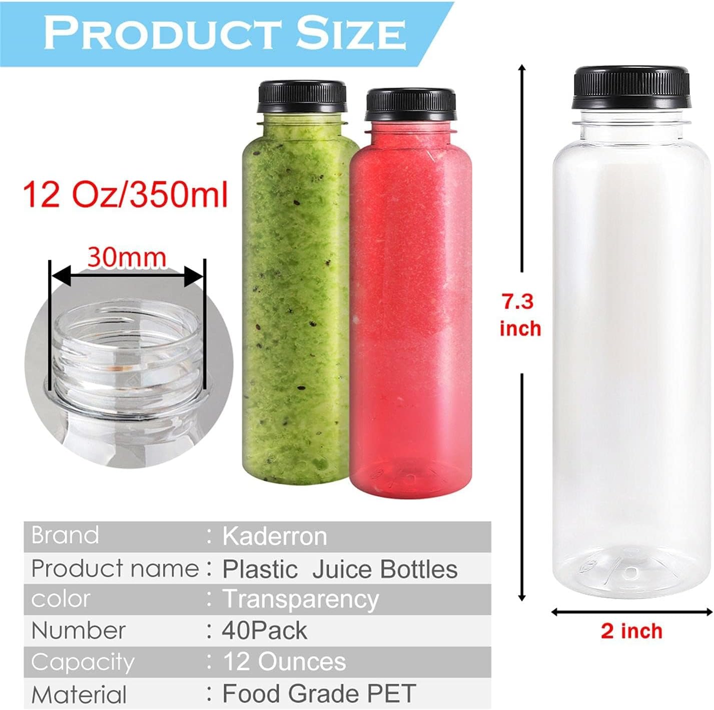 40pcs 12oz Plastic Juice Bottles with Caps, Empty PET Disposable Plastic Bottles, Clear Bulk Drink Containers with Black Tamper Evident Lids for Juicing, Drinking and Other Beverages