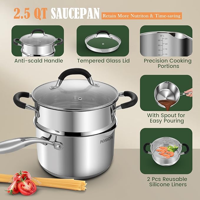 AOSION 2.5 Quart Stainless Steel Saucepan with Steamer Basket,Small Pots for Cooking,Steamer Pan with Pour Spout,Strainer Glass Lid,Perfect For Vegetables Boiling Gravies,Pasta,Noodles