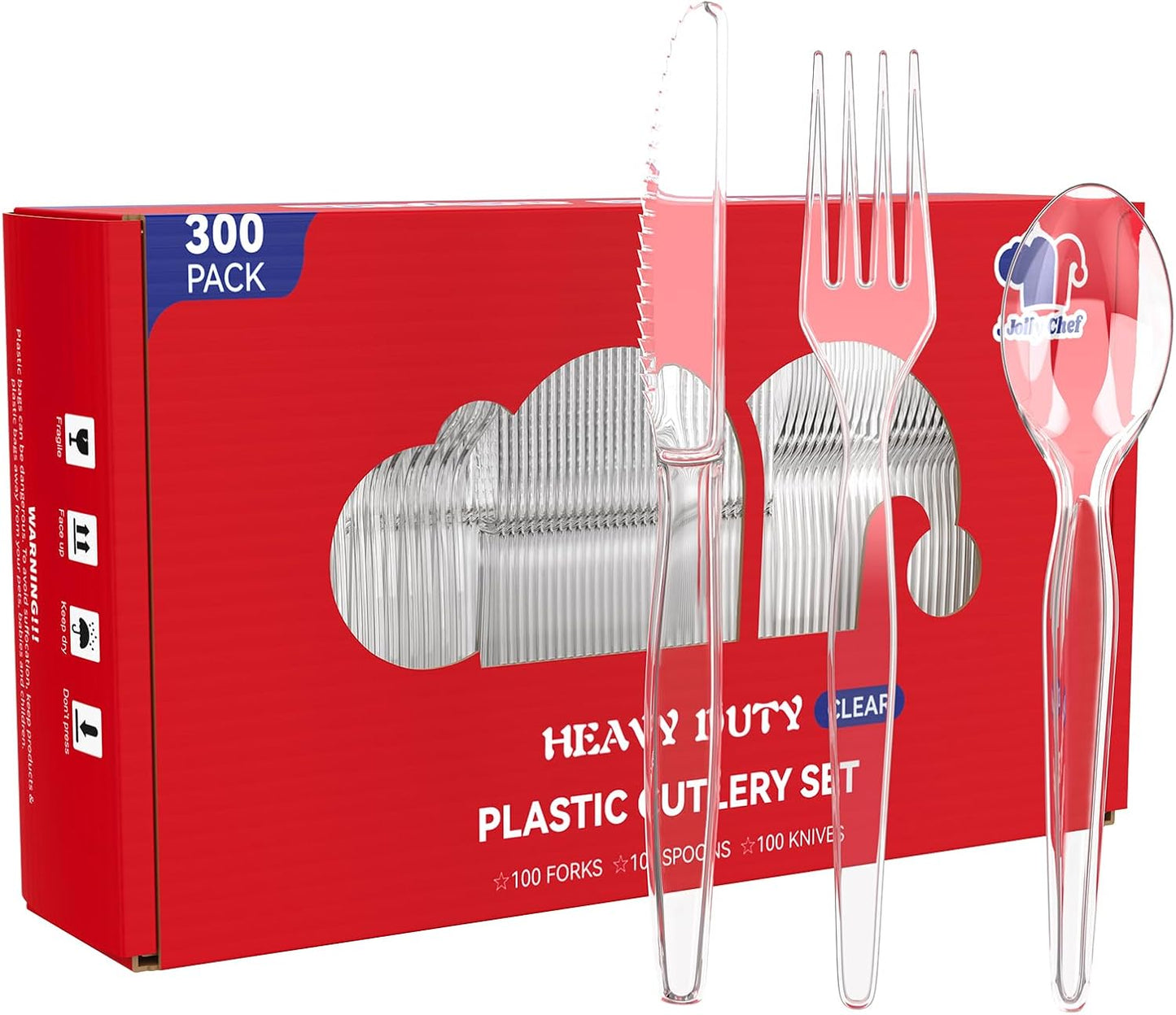 JOLLY CHEF 300 Count Clear Plastic Silverware, 100 Forks, 100 Spoons, 100 Knives, Heavy Duty BPA Free Disposable Plastic Cutlery Set, Plasticware Bulk, Premium Clear Utensils for Party Supplies