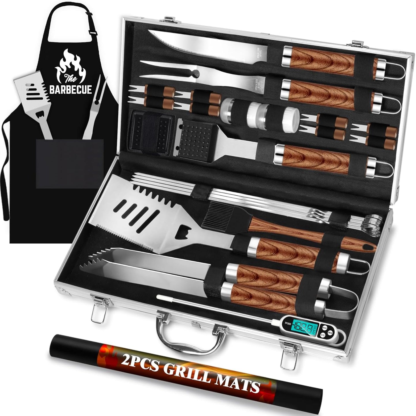 ROMANTICIST 26pcs Stainless Steel Grill Tool Set, Heavy Duty BBQ Grilling Accessories Gifts for Men Dad, Non-Slip Grill Utensils Kit with Apron, Thermometer, Mats in Aluminum Case for Christmas Brown