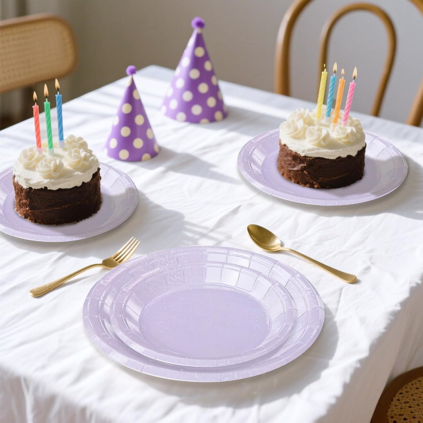 50 Pcs Iridescent Light Purple Paper Plates 25 × 7'' and 25 × 9'' Disposable Lavender Shiny Holographic Foil Dinner Plates for Wedding Baby Shower Birthday Party Glitter Dessert Plate