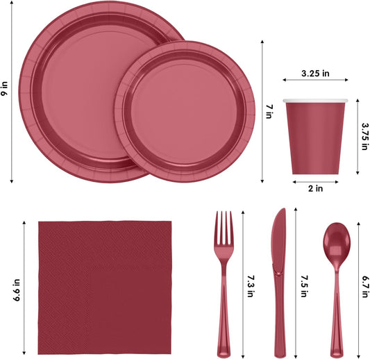 Exquisite 350 Pcs Burgundy Paper Plates For Party, Burgundy Disposable Plates Set, 50 Of Each 9" Dinner Plate Set, 7" Dessert Plate, Cups, Napkins & Cutlery Paper Dinnerware
