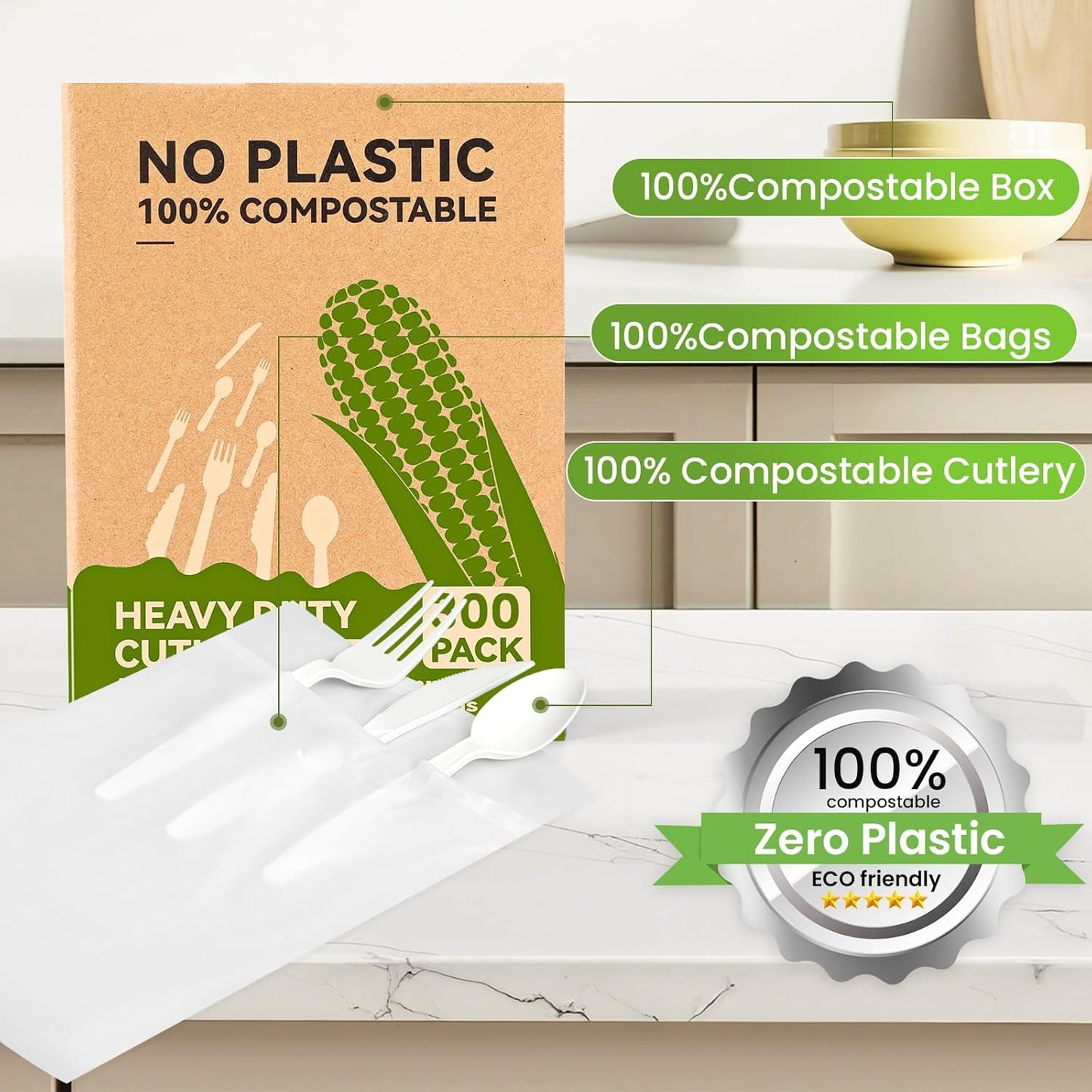 Compostable Utensils Set (300Pack), Heavy Duty & Eco-Friendly No-Plastic Spoons, Forks, Knives Cutlery Set - 100% Disposable Cornstarch Flatware for Lounge Party Wedding BBQ Picnic Camping