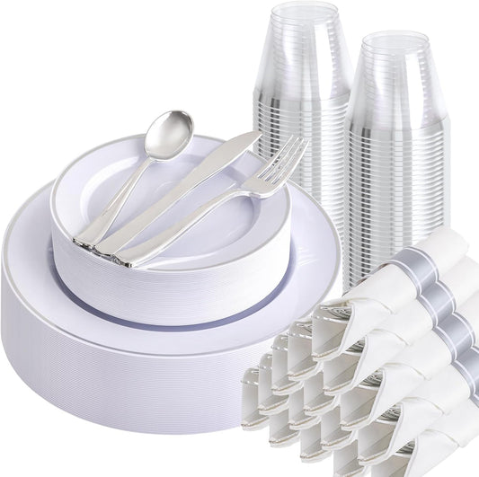 SUT 175 Pcs Silver Plastic Dinnerware Set for 25 Guests, Include: 25 Dinner Plates, 25 Dessert Plates, 25 Pre Rolled Napkins With Silver Silverware, 25 Cups, Disposable Plates for Wedding, Party