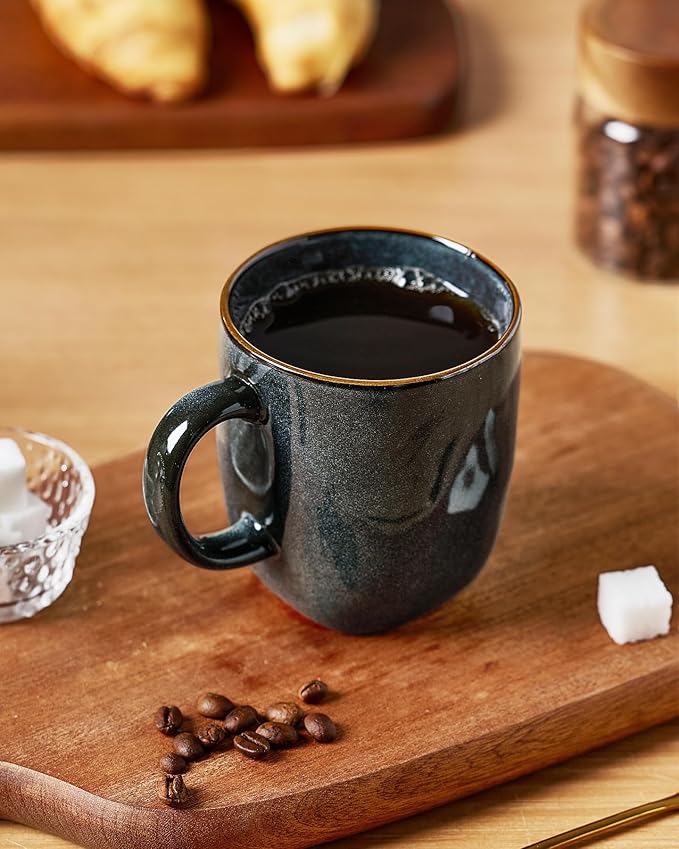 famiware Coffee Mugs Set of 6, Ocean Square 13oz Coffee Cup Set with Handle for Cocoa, Milk, Hot Chocolate, Tea, Water, Stoneware Cups for Kitchen, Microwave and Dishwasher Safe, Deep Forest