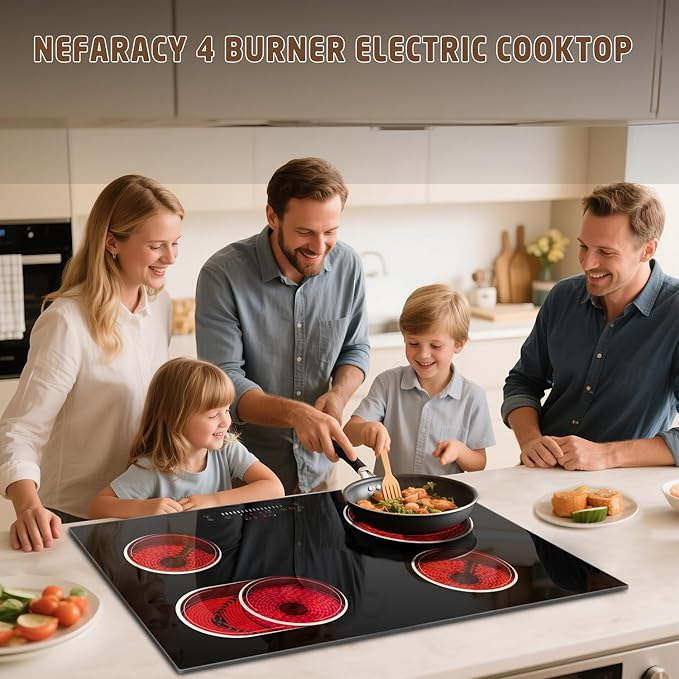 30 Inch Electric Cooktop 6600W, 4 Burner Electric Stove with Slide Control, Built-in 30'' Ceramic Cooktop 220V Hard Wire, Timer & Safety Lock, Extended Zone, Residual Heat Warning