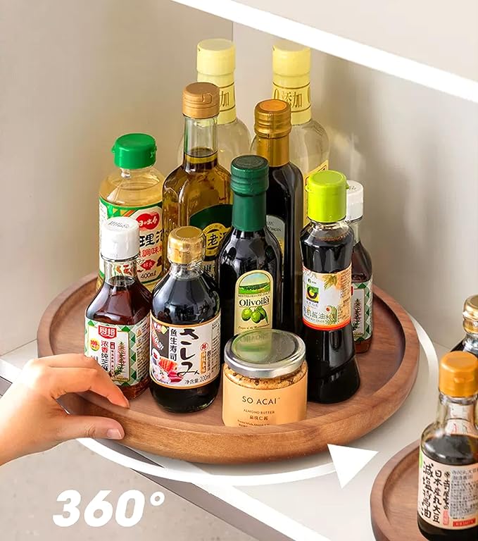 Acacia Wood Bathroom Vanity Tray Round Lazy Susan Organizer for Table Top Kitchen Sink Soap Tray Large Wooden Lazy Susan Turntable Kitchen Counter Perfume Rotating Tray for Bathroom Decor Accessories