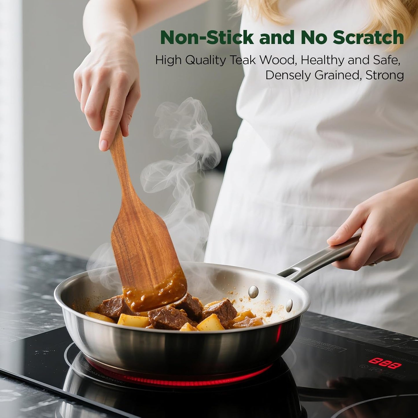 Teak Wood Spatulas Set for Nonstick Pan, Cooking Spoon, Slotted Turner(Spatula and Slotted Spatula)