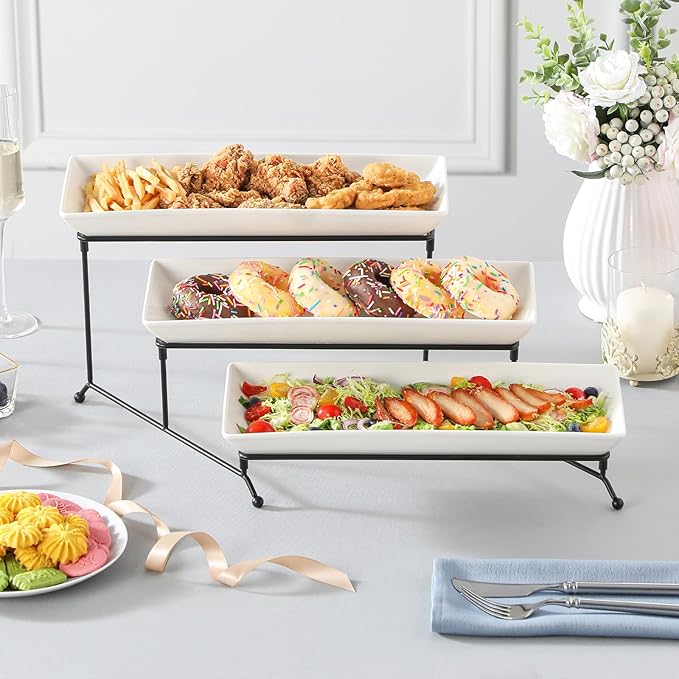 MALACASA 3 Tier Serving Tray, Porcelain Tiered Cupcake Stand, Ceramic Elevated Serving Platter with Collapsible Sturdier Rack,Series PLAT (White, 14 Inch)