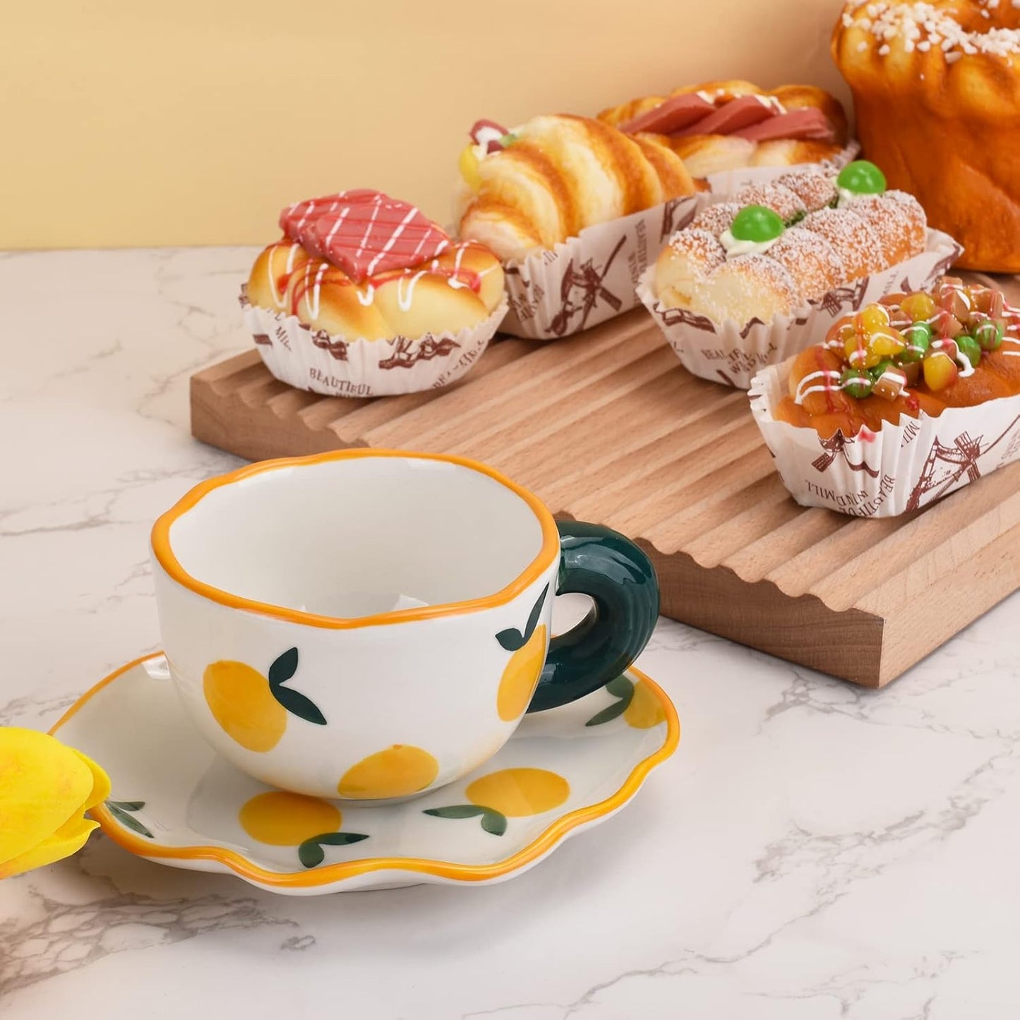 Koythin Ceramic Coffee Mug with Saucer Set, Cute Creative Cup Unique Irregular Saucer Design for Office and Home, Dishwasher and Microwave Safe, 6 oz/180 ml for Latte Tea Milk (Fresh Orange)