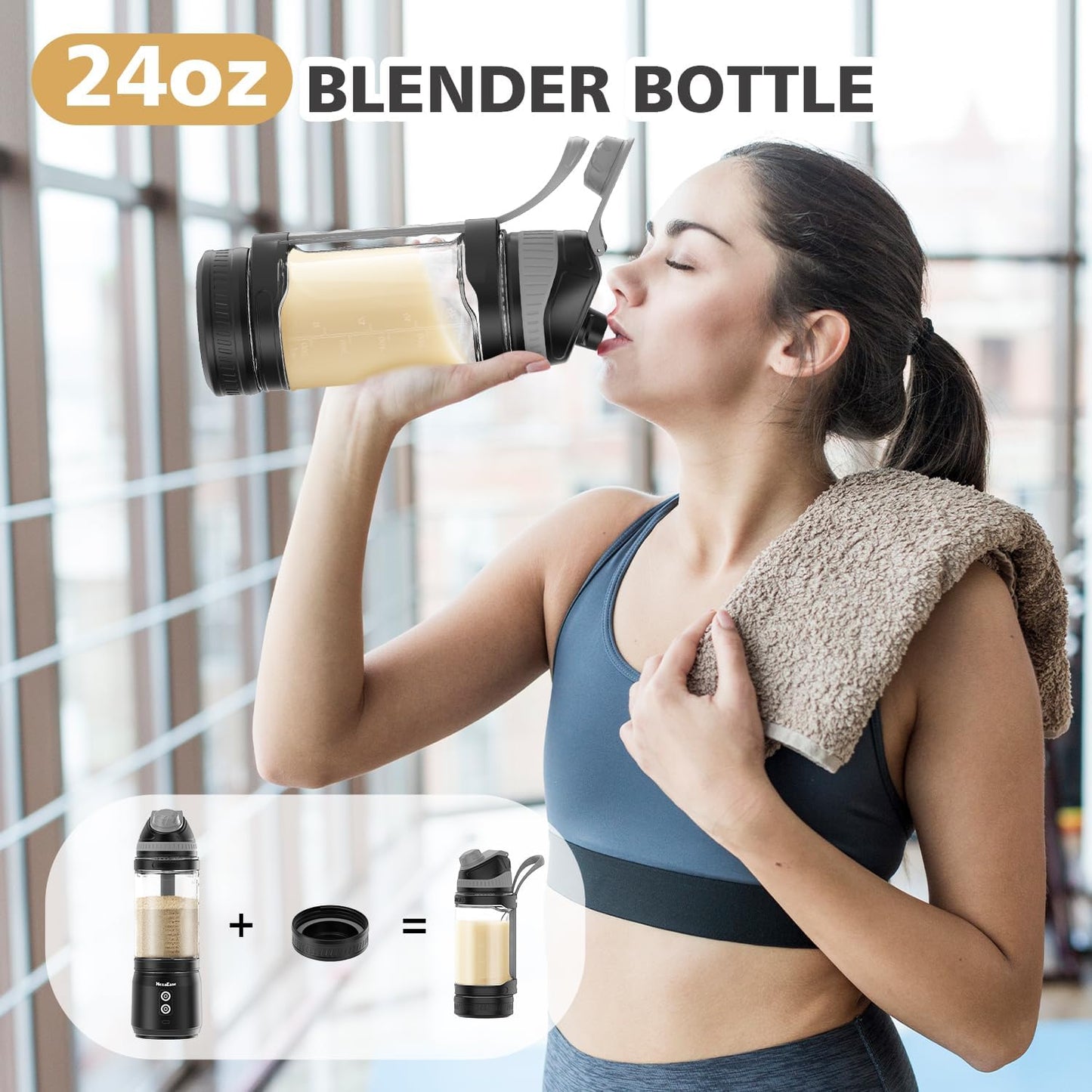 Portable Personal Blender for Smoothies, Protein Shakes, Frozen Drinks - 24Oz Blender Cup Bottle with Sip Spout, Travel Lid, USB-C Rechargeable, Cordless - Mini Small Blenders for Kitchen, Gym, Office