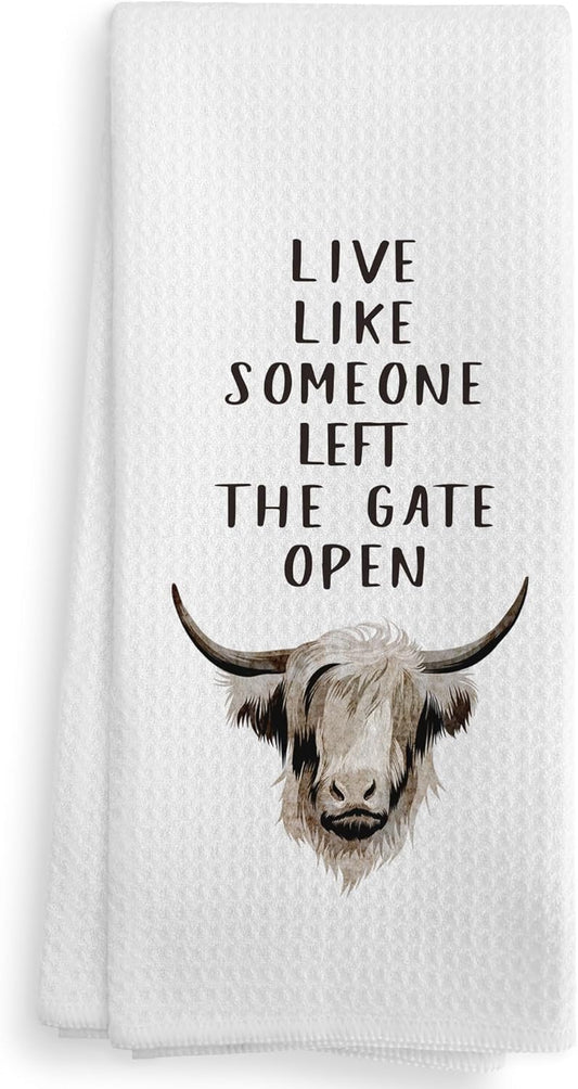 Western Cow Kitchen Towels Decor - Live Like Someone Left The Gate Open, Primitive Bathroom Hand Towels, Drying Cloth for Kitchen, 1624 Inches