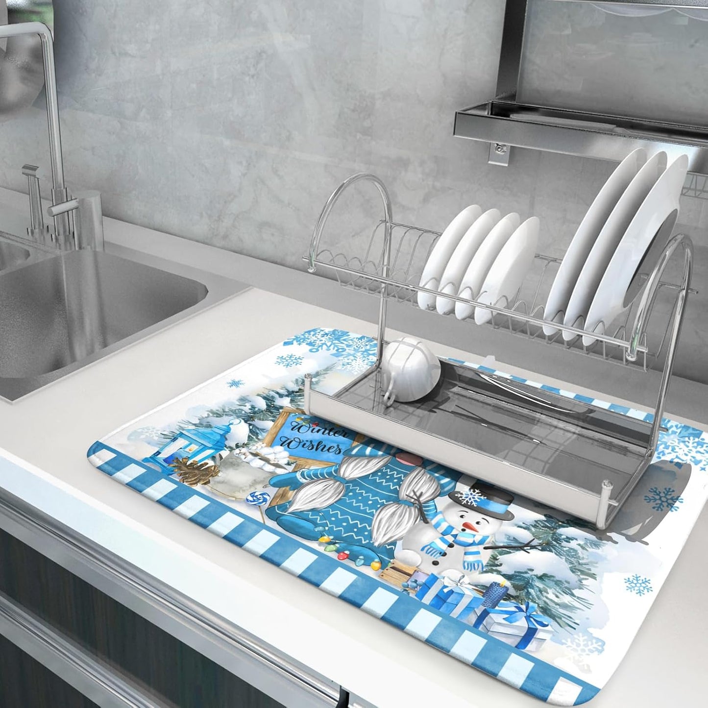 Winter Gnome Dish Drying Mat for Kitchen Counter Christmas Tree Snowman Snowflake Dish Drainer Farmhouse Dish Drainer Rack Mats Pad Heat Resistant Foldable Absorbent, 24x18 Inch