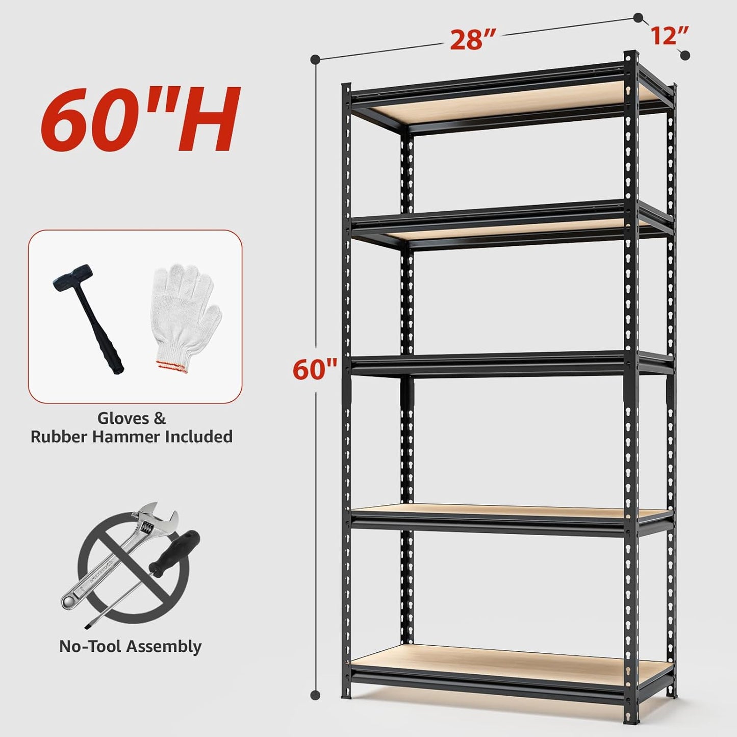 28" W Father&I Industrial Heavy-Dudy Garage Shelving Units/Systems: Metal 5-Tier Storage Shelves Adjustable for Basement/Closet/Tote/Kitchen/Pantry Organization, 60" H*28W *12" D, Black