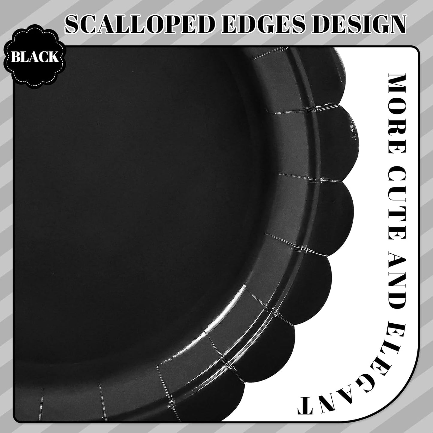 30 Pcs Black Paper Plates，9 Inch Disposable Halloween Plates Scalloped Black Cute Dessert Dinner Plate for Wedding, Birthday, Halloween