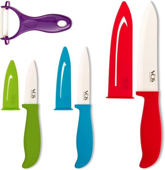 Vos Ceramic Knife Set with Peeler, Ceramic Knives Set For Kitchen, Ultra Sharp Kitchen Knife Set with Covers, 3" 4" 6" Paring, Utility & Chef Knife, Lightweight, Dishwasher safe (Multi-Color Handle)