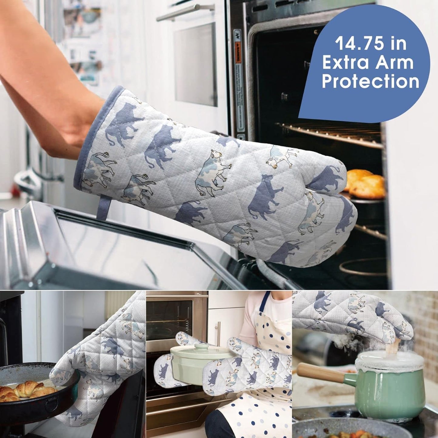 Oven Mitts Cotton Fashion Cute Cow Design 1pair Heat Resistant Oven Gloves Safe Cooking Baking Grilling Barbecue Machine Washable Pot Holders (Cow)