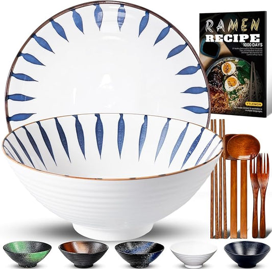 9.4Inch Ceramic Ramen Bowl Set of 2 (9 Piece) - Porcelain Japanese Salad Noodles Cereal Fruit Pasta Soup Large Bowls with Recipes Chopsticks Forks Spoons for Men Women Gift Microwave Dishwasher Safe