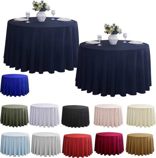 2-Pack Round 108-inch Navy Blue Table Cloths, Solid Stain and Wrinkle Resistant Circular Tablecloth, Premium Plain Weave Polyester Fabric Table Linen Covers for Hotel, Banquet