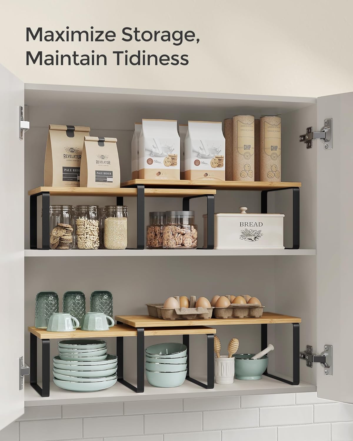 SONGMICS Cabinet Organizer Shelf, Set of 4 Kitchen Counter Shelves, Kitchen Storage, Spice Rack, Stackable, Expandable, Metal and Engineered Wood, Ink Black and Natural Beige UKCS210B01