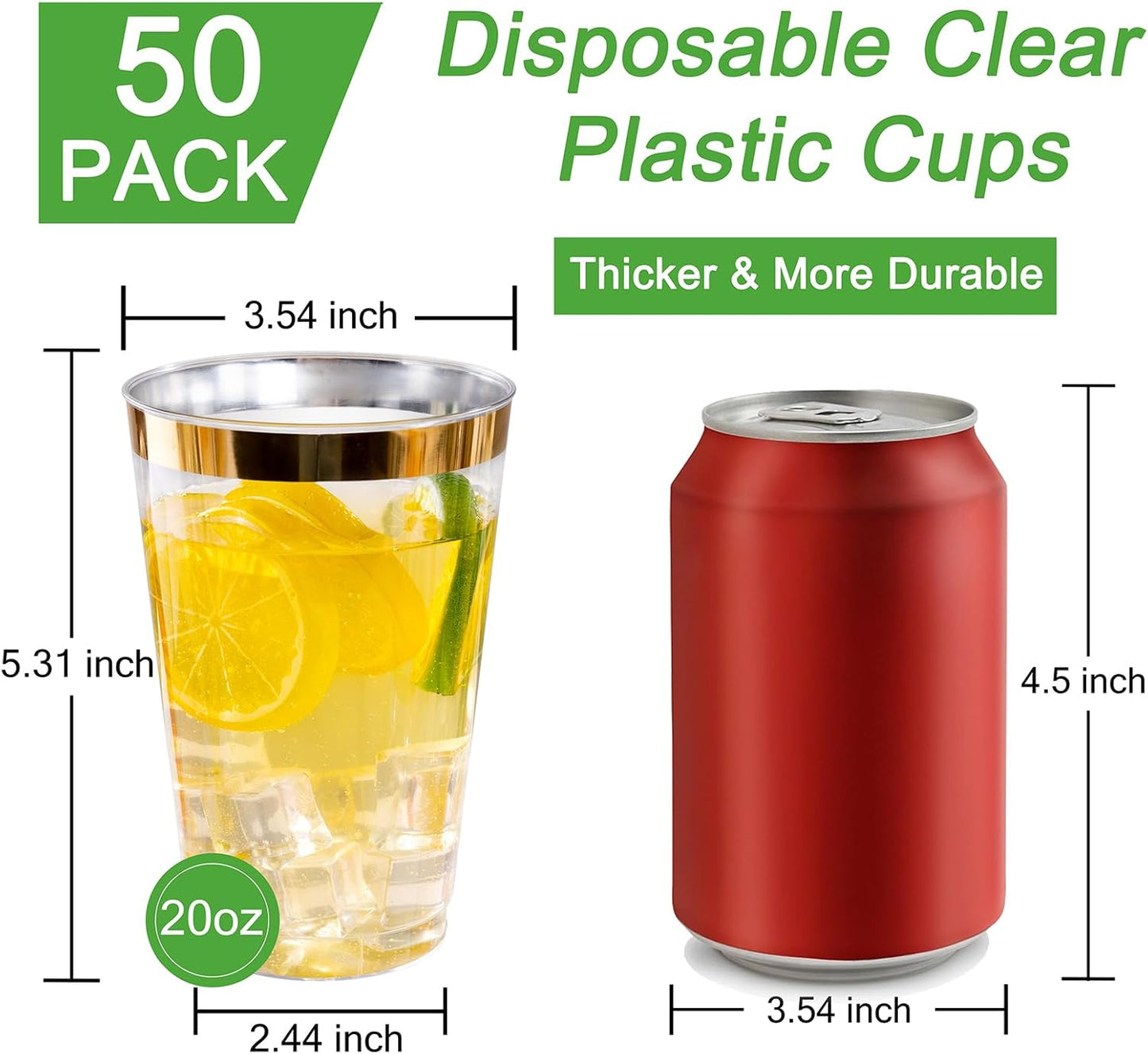 I00000 50 Pack 20 oz Gold Plastic Cups, Elegant Gold Rimmed Plastic Cups, Disposable Cocktail Glasses Wine Glasses, 20 oz Premium Tumblers Perfect for Birthday, Party & Wedding