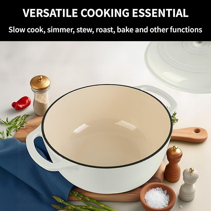 Premium Enameled Cast Iron Dutch Oven for Bread Baking | Non-Stick 2QT Oval Bread Oven with Lid | Perfect for Sourdough, Loaf, and Artisan Baking (Round Cream, 5.5 QT)