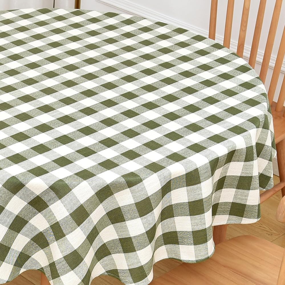 Gingham Round Tablecloth Table Cloth Heavy Duty Cotton Checkered Table Cloth Round Cover for Dining Room(R-Green, 53 inch Diameter)