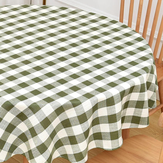 Gingham Round Tablecloth Table Cloth Heavy Duty Cotton Checkered Table Cloth Round Cover for Dining Room(R-Green, 53 inch Diameter)