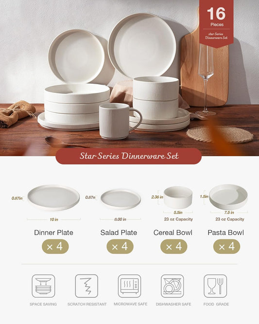 Famiware Star Dinnerware Set with Pasta Bowls, Service for 4 (16pcs), Ribbed Stoneware Plates and Bowls Dishes Sets - Chip & Scratch Resistant, Microwave & Dishwasher Safe, Matte White