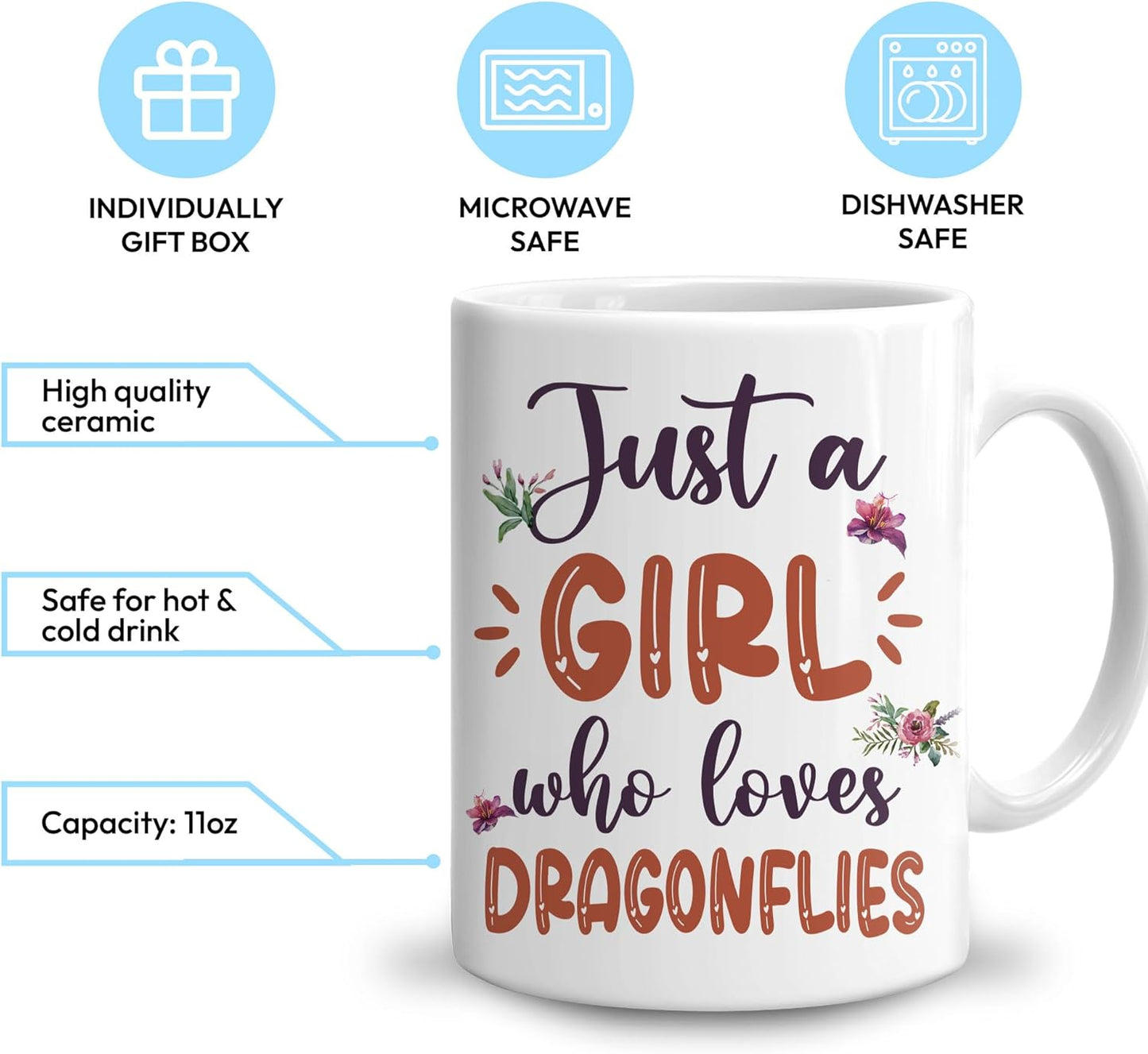 Hyturtle Personalized Gifts Dragonfly Lover - Just A Girl Who Loves Dragonflies Custom Name Ceramic Coffee Mug Cup 11oz - Idea Cute Animal Lover Gifts For Women, Girl Daughter On Birthday, Christmas