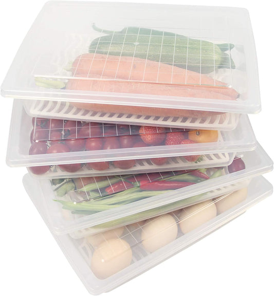 Food Storage Container, Plastic Food Containers with Removable Drain Plate and Lid, Stackable Portable Freezer Storage Containers - Tray to Keep Fruits, Vegetables, Meat and More (4,Large)