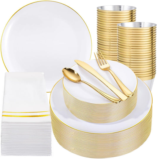 Festiva 350Pcs Gold Plastic Plates - White and Gold Dinnerware Set Disposable include 10" & 7" Plates,Cups,Silverware,Napkins -serve 50 Guests Perfect for Wedding& Chritmas &Thanksgiving Party