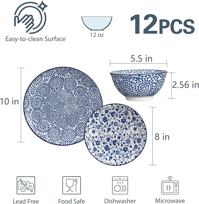 ONEMORE 12 Piece Ceramic Dinnerware Set for 4, Vintage Blue Stoneware Plates & Bowls Set - Scratch Resistant, Microwave, Dishwasher & Oven Safe, Everyday Family Meals